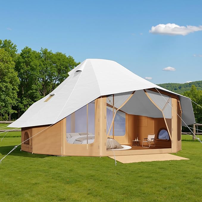 SPECRAFT Canvas Bell Yurt Tents &amp Inflatable Tent for Camping Waterproof Glamping Tent with Stove Jack Breathable Mesh Snowproofing Spacious 4-Season Family Shelter for Outdoor Camping Partie