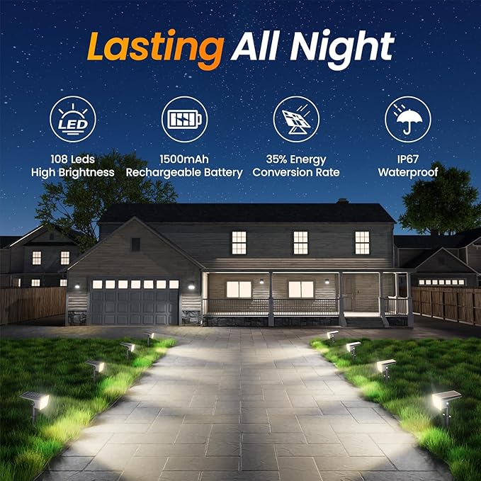 Fabrito Solar Spot Lights Outdoor 8 Pack [108Leds 4 Modes] Auto On/Off Spotlights IP67 Waterproof Landscape Lights for Tree Yard Patio Pool Pathway Driveway Cool White