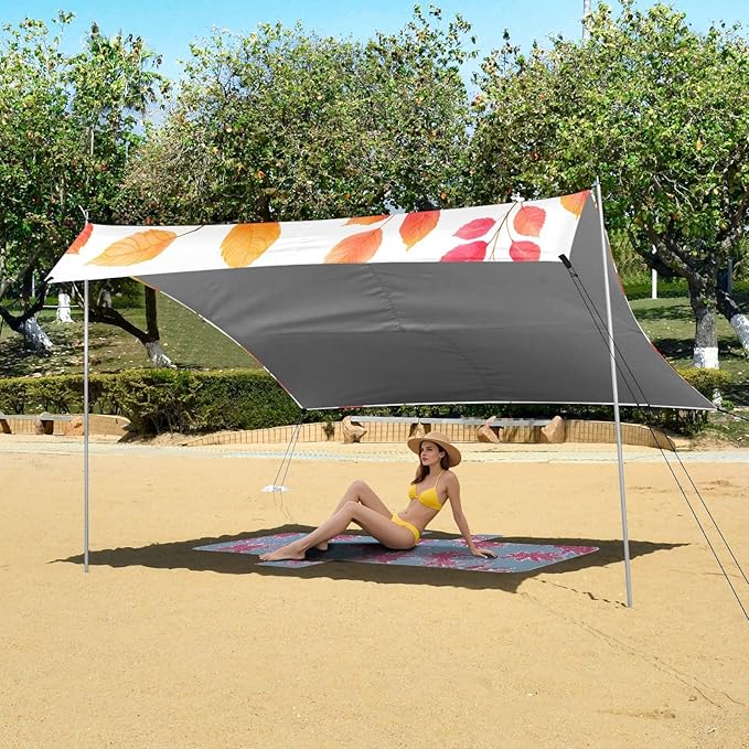 Bolaz Beach Canopy Tent Sun Shade9'×10.5' Large Family Beach Shade UPF50+- Outdoor Shade for Camping Trips FishingWatercolor Red Orange Maple Leaf Pattern