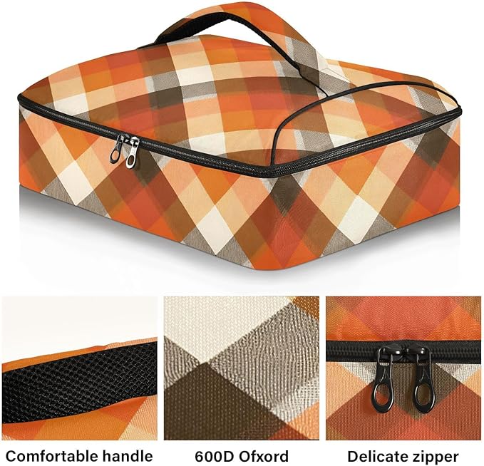 Casserole Carrier Orange and Brown Tartan Insulated Casserole Carrier for Hot or Cold Food Thermal Lunch Tote for Parties Picnic Travel Carry Bag