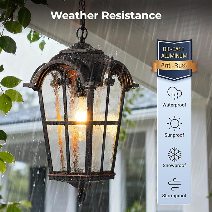 Large 18.7 Outdoor Pendant Light with Dusk to Dawn Sensor Vintage ORB Outdoor Chandelier with Ripple Glass Aluminum Outside Hanging Lighting Pendant Lights for Porch Doorway Entryway