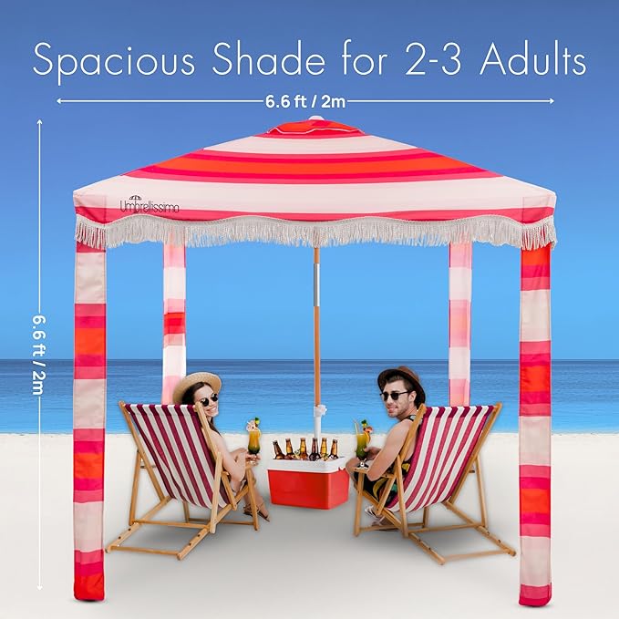 Premium Beach Cabana - Umbrellissimo Pink Ombre. Includes sand anchor canvas with designer prints &amp fringe finishes sand pockets pegs matching carry bag. Easy set up 6.6'x6.6' of cool UPF50+ s