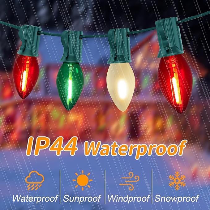Abeja 25Ft C7 Christmas Multicolor String Lights with 27 Red Green &amp Frosted White Edison Bulbs Hanging Vintage Christmas Light Outdoor Waterproof for Party Garden Wedding Bistro Roofline Decor