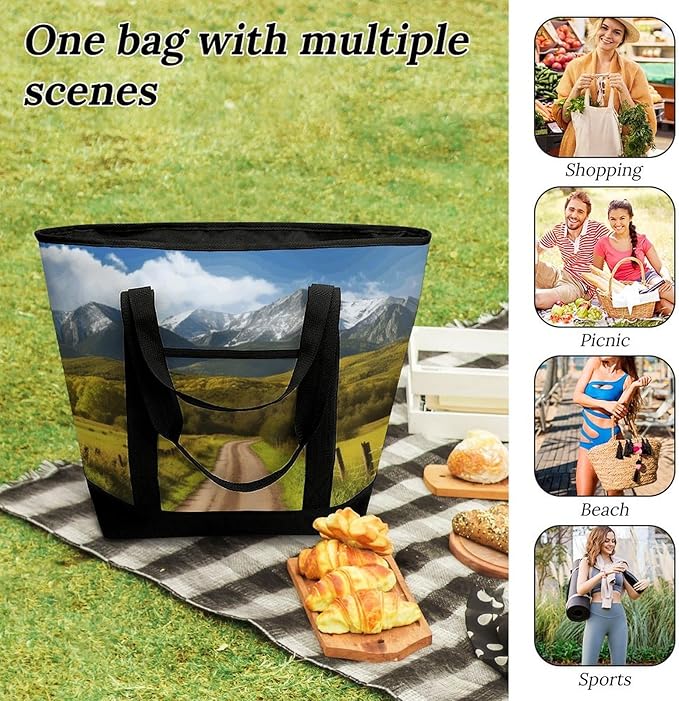 Insulated Shopping BagLarge Reusable Cooler Bags Countryside Road Printed Foldable Shopping BagTravel Waterproof Shoulder Bag
