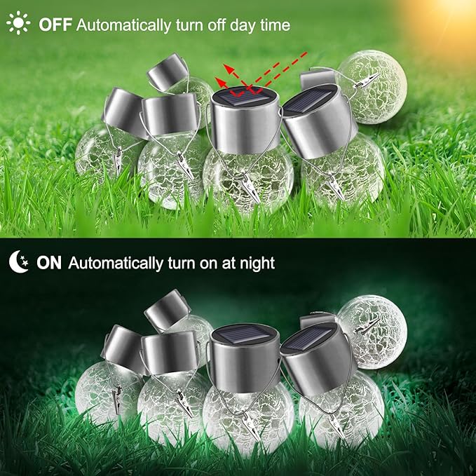 Solar Lights Outdoor Hanging Decorative Globe 8 Pack Waterproof Solar Lantern with Handle and Clip Solar Powered Glass Ball Lights for Garden Yard Fence Tree Umbrella Holiday Décor Cold White