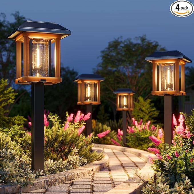 XMCOSY+ 4-Pack Solar Pathway Lights Outdoor 25 Lumens Vintage Edison LED Landscape Lighting IP65 Waterproof Seeded Glass &amp Metal Stakes Solar Powered Garden Lights for Yard Patio Walkway Drivewa