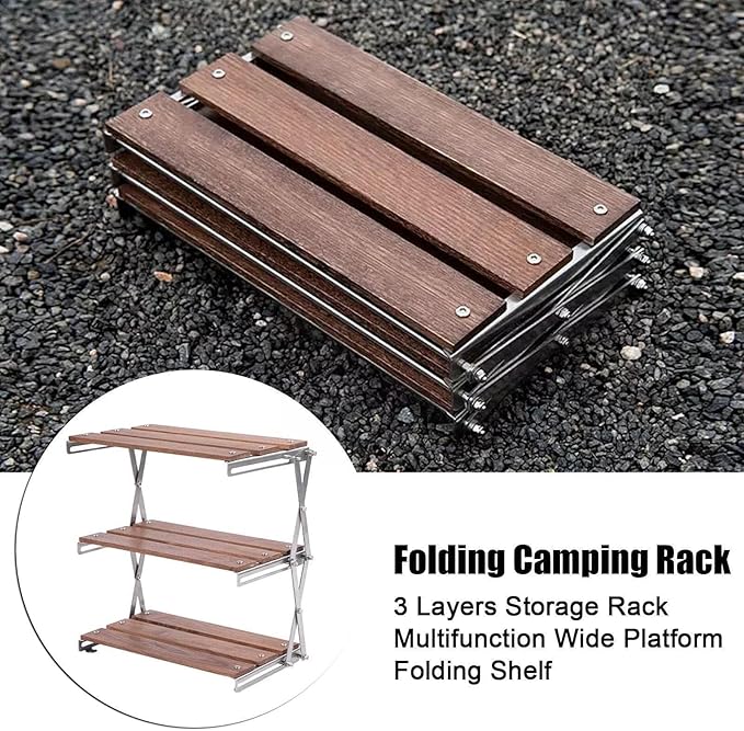 Outdoor Camping Three-Tier Foldable Rack Portable Bamboo Side Table for Picnic Barbecue Camping Easy to Fold and Carry