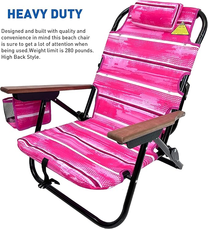 EasyGo Product Backpack Beach Chair 5 Positions and Cup Holder Pouch on Side Padded Pillow Storage Bag on Back Lightweight Rustproof Aluminum Black Frame - 2 Pack Pink