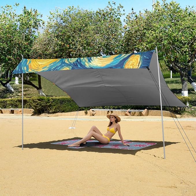 Camping Sun Shelters Sunflowers Starry Sky Painting Beach Canopy 126 * 110.2in