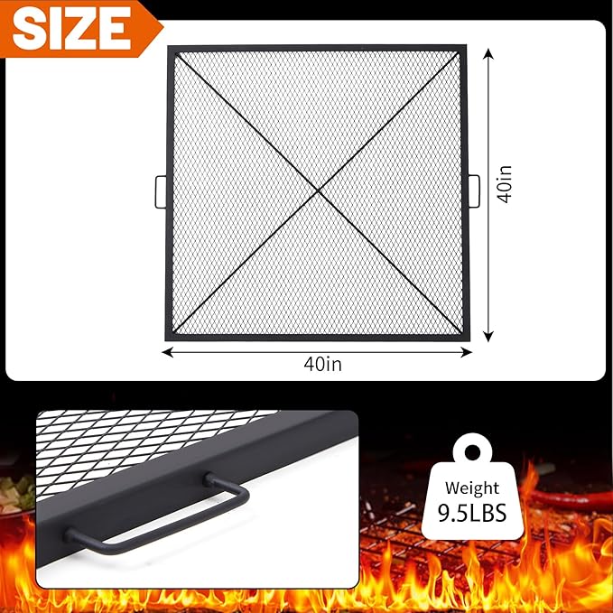 40 Inch Square Fire Pit Grill Grate with Handles Heavy Duty Campfire Cooking Grate for Fire Pit Steel BBQ Grill Grid for Outdoor Camping