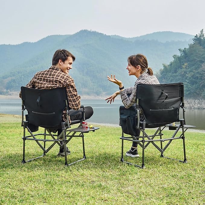 EVER ADVANCED Camping Directors' Chair with Side Table Portable Folding with Compact Size Heavy Duty Lawn Chair with Pocket for Camping Lawn Sports and Fishing 400lbs Black 2 Pack