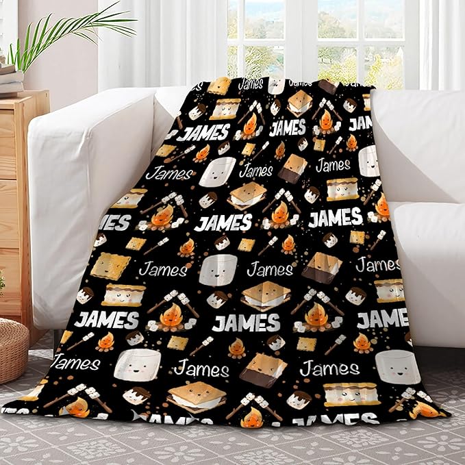 Custom S'Mores Blanket with Name | Personalized Marshmallow Blanket for Girls Boys | Ultra Soft Customized Cookie Throw for Couch/Sofa/Travel/Camping Home Decor - 60x80-Adults/Twin Size