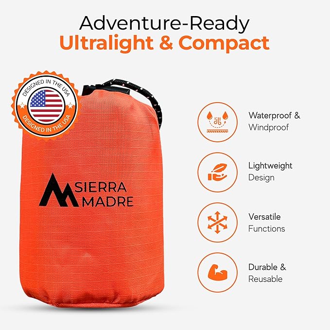 Sierra Madre Emergency Sleeping Bag – Ultralight Waterproof Mylar Thermal Bivy Sack Tent for Hiking Bug-Out Bags Survival Kits