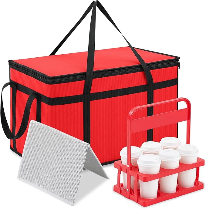 Insulated Food Delivery Bag Pizza Cooler Bag with Hard Bottom &amp Drink Carrier Thermal Hot Cold Grocery Tote for Food Delivery Travel Shopping and Catering(Red23 x 15 x 14 Inch)