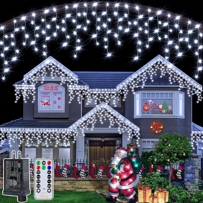 Ollny Icicle Lights Outdoor Cool White 600LED 49FT Christmas Lights with Remote 8 Modes Dimmable Waterproof Connectable Timer Hanging Light for House Outside Yard Indoor Decorations