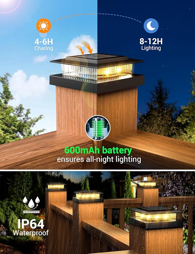 APONUO Solar Post Cap Lights for 4x4 Fence Posts IP64 Waterproof Outdoor LED Deck Lights with 2 Modes (Warm White &amp Cool White) Auto On/Off Dusk to Dawn Easy Install Black 16 Pack