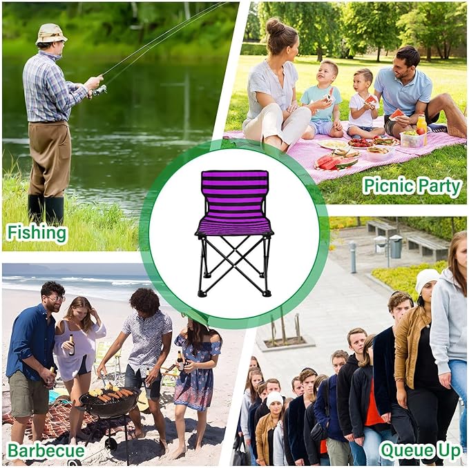 KLL Purple Black Strips Compact Folding Chairs Ultra Lightweight Camp Chair with Carrying Bag Ice Fishing Chair with Back for Hiking Camping
