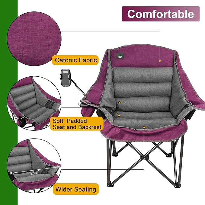 Northroad Oversized XL Padded Camping Chair w/Cell Phone Holder Large Camp Lounge Chair Foldable Lawn Chair w/Cup HolderCarry Bag for Outdoor Hiking Beach Picnics Heavy-Duty 400-lbs Capacity