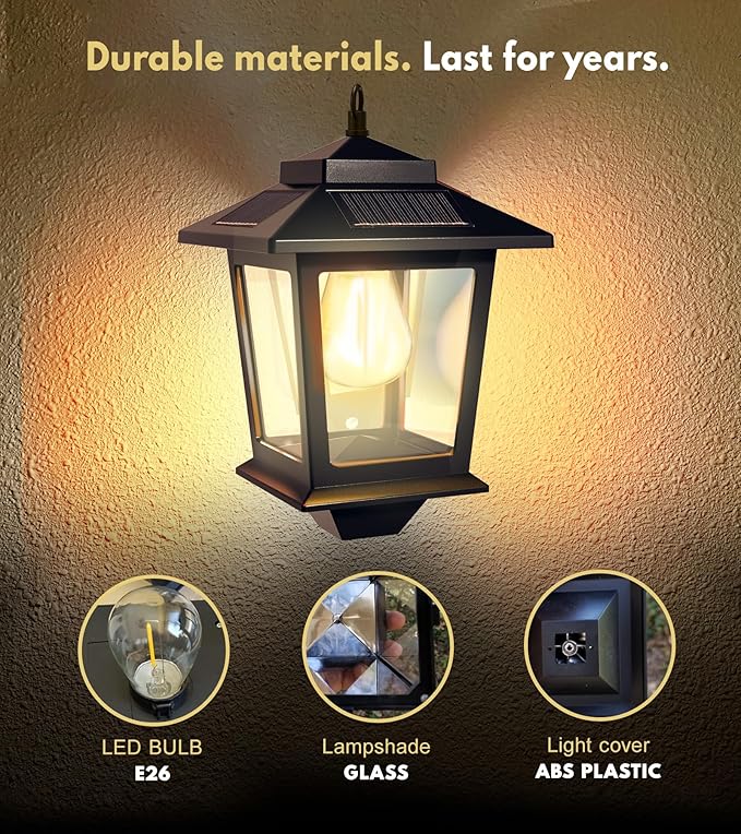 PASAMIC 2 Pack Solar Wall Lanterns with Replaceable BulbOutdoor Hanging Lights with 4 Solar PanelsDusk to Dawn Led Outdoor Wall Sconce Anti-Rust Waterproof Lanterns with Hooks3000K Warm White