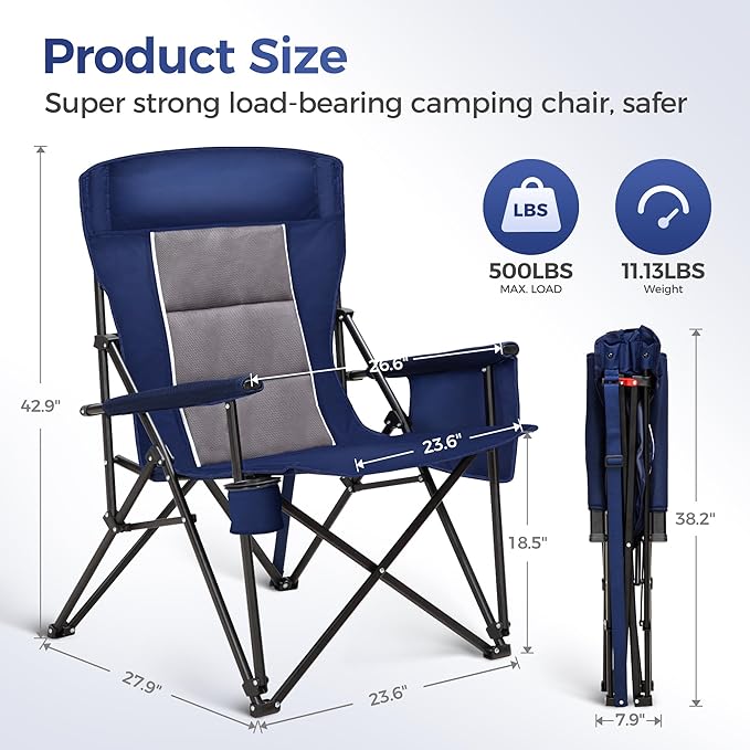 ALPHA CAMP Heavy Duty High Back Camping Chairs with Cup Holder Oversized Folding Chair Outdoor Chair with HeadrestLawn with Side Pocket for Lawn Sports and Fishing 500lbs