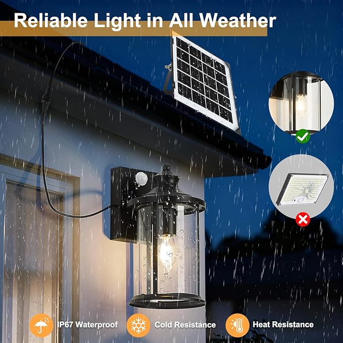 OKELI Porch Lights Outdoor Dusk to Dawn Motion Sensor Solar Wall Lantern Separate Panel &amp Battery Replaceable Exterior Waterproof Wall Sconce Lighting Lamp (Black B 1 Pack)