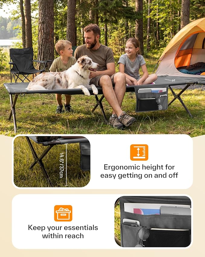 Sportneer Camping Cot 78.3x28.7x14.6 Sturdy 6-Leg Foldable Guest Bed for Adults with Storage Bag &amp Side Pocket Compact Portable Design 330 LBS Support