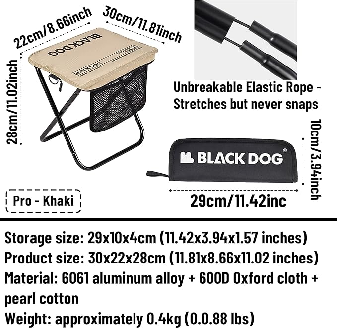 Blackdog 11in Ultralight Camping Folding Stool - 0.7lb Compact Camping Chair 265lb Capacity Aluminum Alloy X-Frame for Hiking Fishing BBQ Portable Small Stool for Adults (Pro - Khaki)