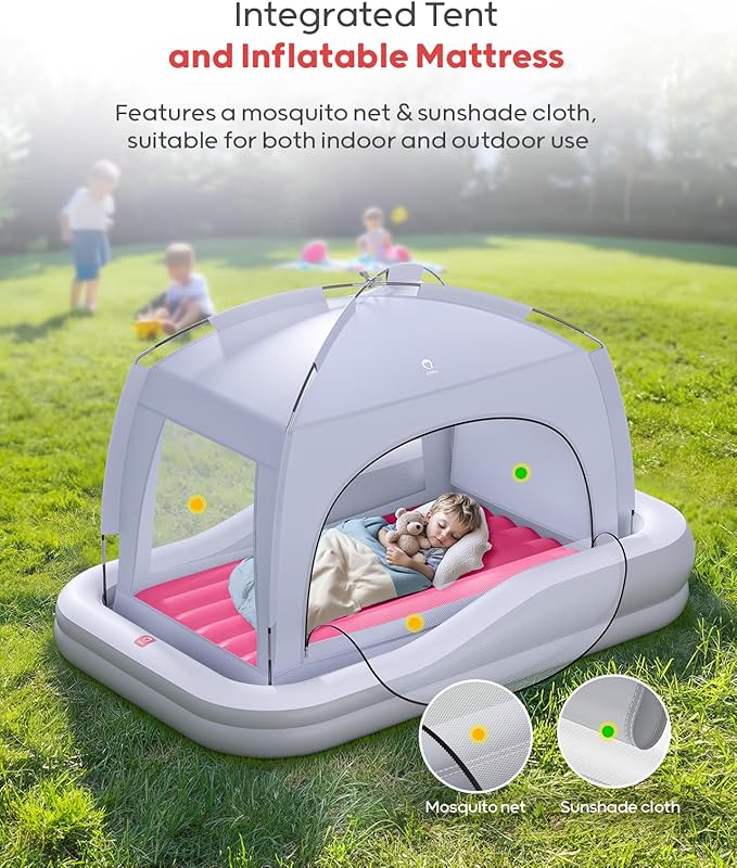 QPAU Inflatable Toddler Travel Bed with Tent Portable Kids Air Mattress with Safety Sides Ideal for Home Grandma's Camping Traveling -Includes Fast Electric Pump