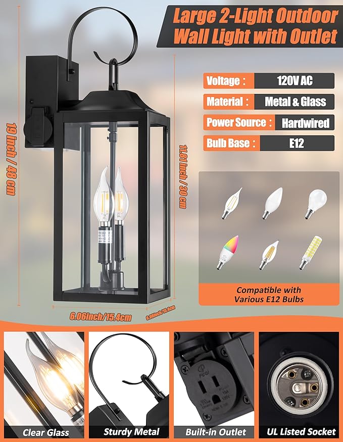 19 Large Porch Light with Outlet Black Large Outdoor Wall Lantern 2-Light Exterior Lighting Fixtures Modern Outdoor Wall Light with Outlet Farmhouse Sconce Lantern for House Front Door Garage