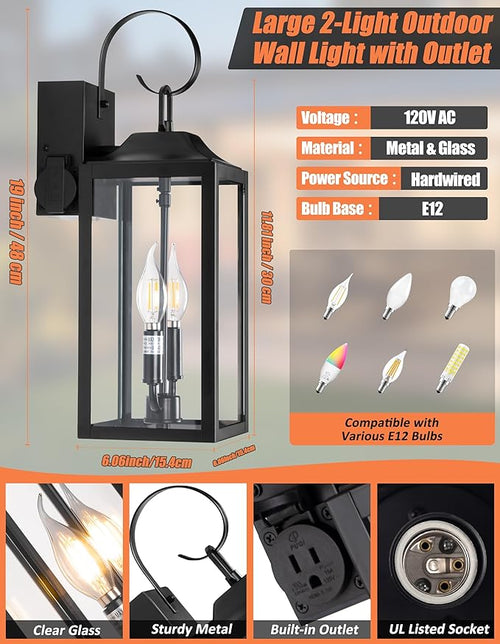 19 Large Porch Light with Outlet Black Large Outdoor Wall Lantern 2-Light Exterior Lighting Fixtures Modern Outdoor Wall Light with Outlet Farmhouse Sconce Lantern for House Front Door Garage