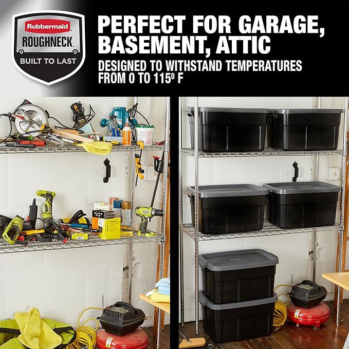 Rubbermaid Heavy Duty Black Storage Bins Plastic Totes with Lids for Storage Stackable Large Capacity Durable Multipurpose 14 GAL 6 Pack (14 GAL - 6 Pack Solid Black and Grey)
