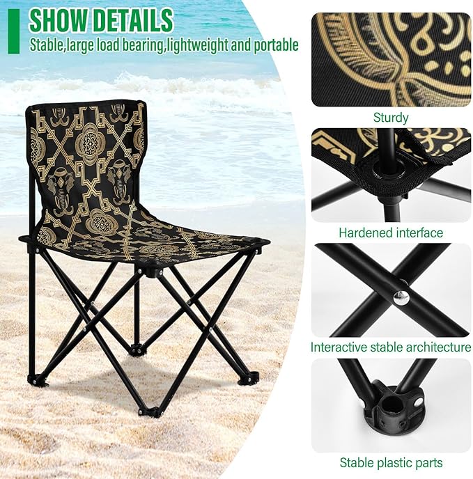 KLL Ethnic Elephant Black Gold Foldable Foldable Chairs Ultra-Lightweight Packable Chair Carry Bag Included Outdoor Chairs for Lawn Outside