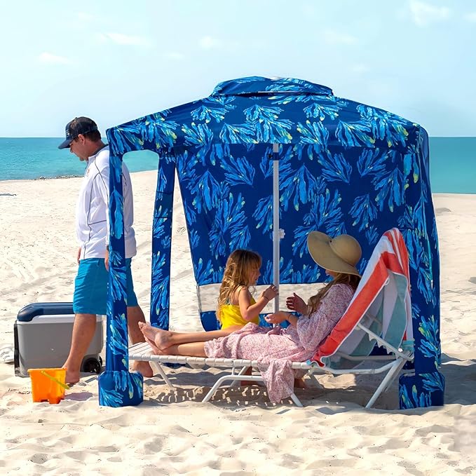 AMMSUN Beach Cabana 6.2'×6.2' Beach Canopy Easy Set up and Take Down Cabana Tent with Sand Pockets Instant Sun Shade with Side Wall Coral Tropical
