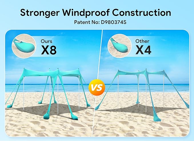 Osoeri Beach Tent Camping Sun Shelter UPF50+ with 8 Sandbags Sand Shovels Ground Pegs &amp Stability Poles Outdoor Shade Beach Canopy for Camping Trips Fishing Backyard Fun or Picnics