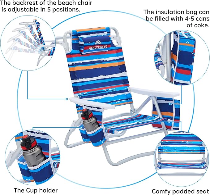 Beach Chair Beach Chairs for Adults 2 Pack Outdoor Folding Beach Chairs for Adults Supports up to 350lbs with 5 Positions Towel bar Cooler Pouch Storage Pouch.