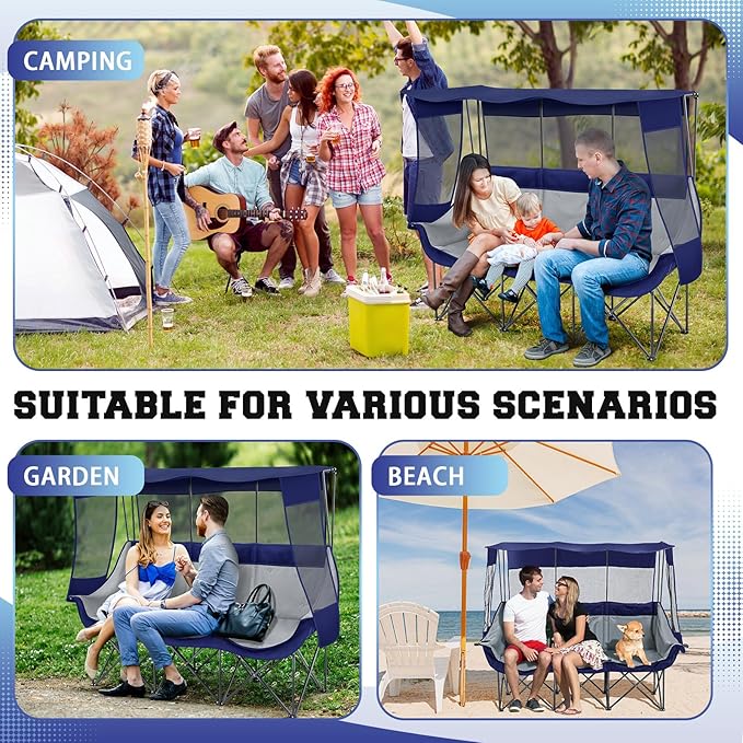 3 Person Camping Chair with Canopy Shade 700lbs Heavy Duty Oversized Beach Camping Chair with Thick Cushion Cup Holder and Carry Bag Foldable Portable Sofa for Lawn Beach Outdoor
