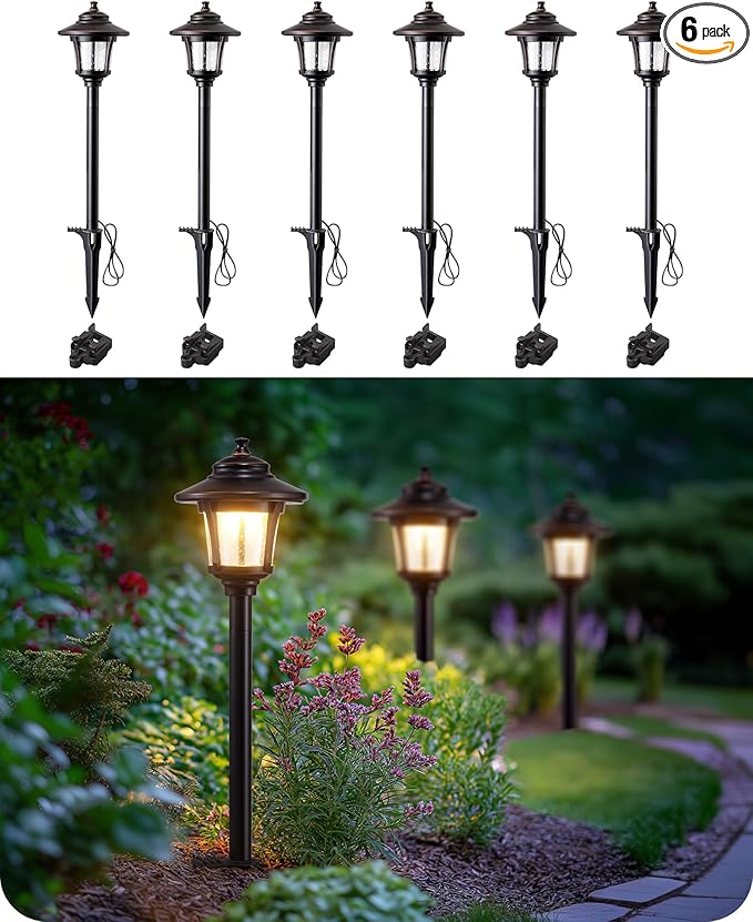 EDISHINE Low Voltage Landscape Lights 12V 3W 120LM 3000K Seed Glass Outdoor Landscape Path Lights with Connectors ORB Waterproof Electric LED Pathway Light Wired for Walkway Garden Yard 6 Pack