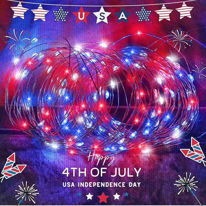 4th of July Decorations Solar String Lights 2Pack 400LED Independence Day Lights for Outside Red White and Blue Solar Light Waterproof Copper Wire 8 Modes Twinkle Light for Memorial Day National Day