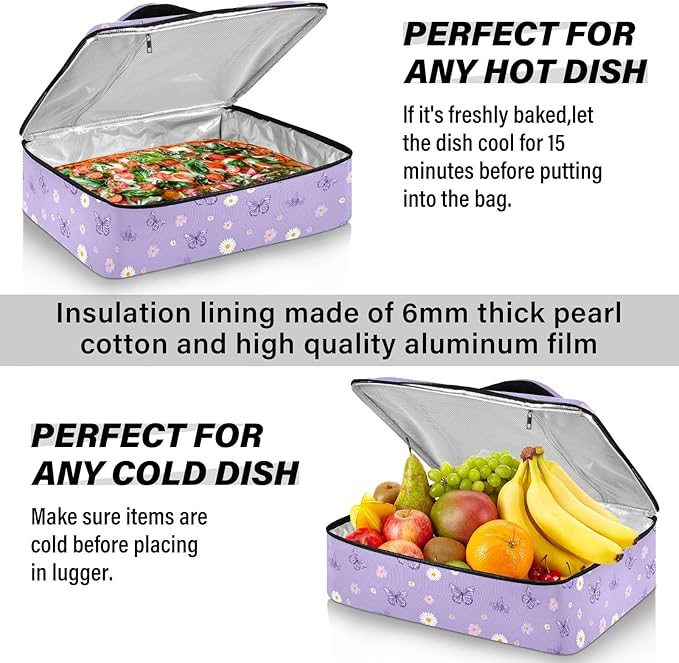 Casserole Carrier Cute Pattern Purple ButterfliesInsulated Casserole Carrier for Hot or Cold Food Thermal Lunch Tote for Potluck Parties Picnic Beach Fits 9 x 13 Inches Baking Dish