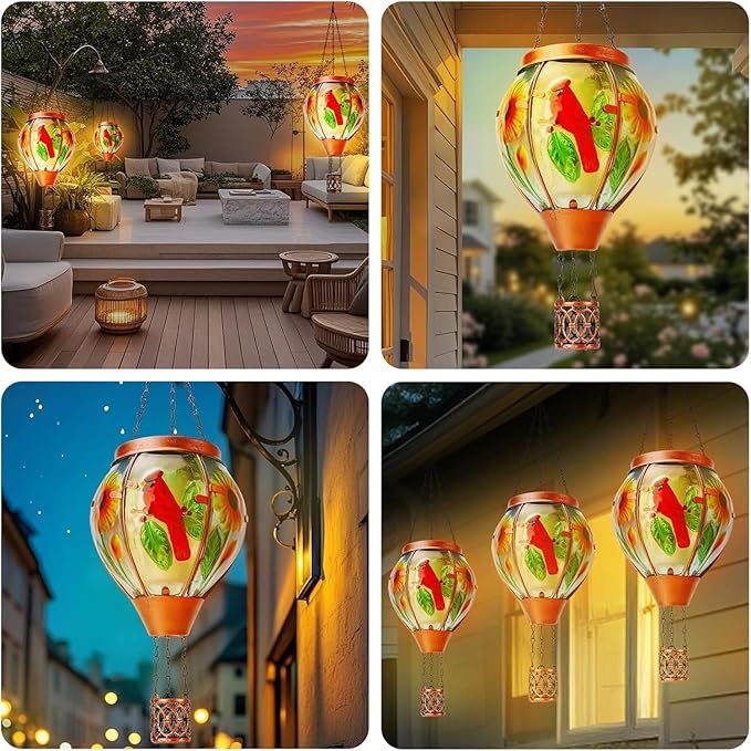 Solar Hot Air Balloon Lantern with Flame Cardinal Glass Solar Hanging Lights Outdoor Yard Patio Farmhouse Decoration Cardinal Gifts for Women Grandma Mom(4 Pack)