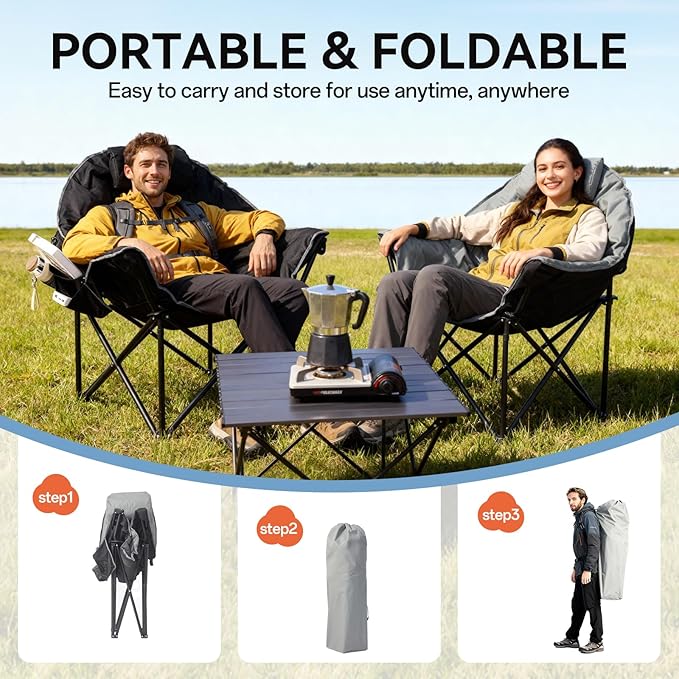 Oversized Heated Camping Chair Folding Heated Outdoor Chair with Back &amp Seat Heating Heavy Duty Support 400 lbs Portable Heated Camp Chair for PatioTailgating Picnic Battery NOT Included Gr