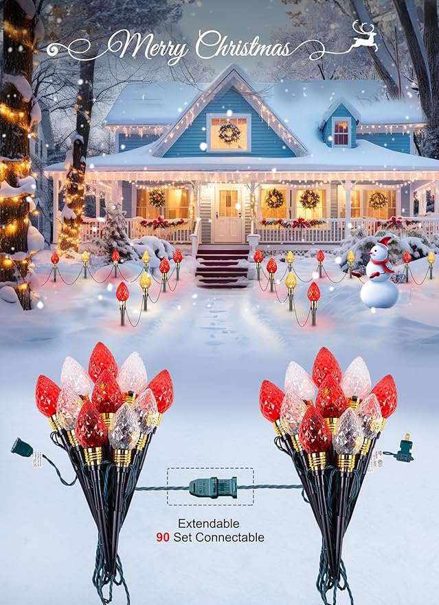 Brightown 2 Pack Strawberry C9 Christmas Pathway Lights Outdoor - Total 34.8 Feet 20 LED Christmas Walkway Lights Christma LightsOutdoor Decorations for Yard Lawn Holiday Outside Red &amp Warm Whit