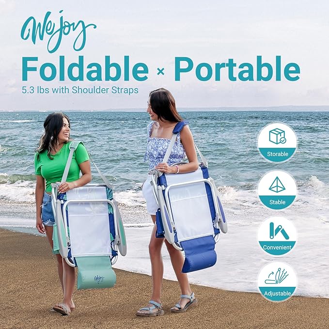 #WEJOY Lightweight Low Beach Chair for Adults 4-Position Aluminum Folding Camping Chairs with Shoulder Strap Cup Holder and Padded Headrest Supports 265lbs for Lawn Outdoor (Bluestrips)