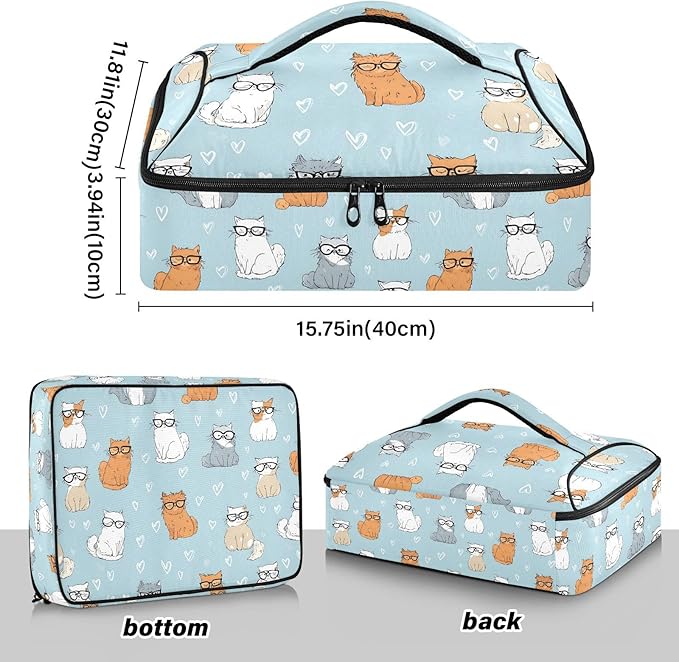 Casserole Carrier Pattern Cute Cartoon Cat PrintInsulated Casserole Carrier for Hot or Cold Food Thermal Lunch Tote for Potluck Parties Picnic Beach Fits 9 x 13 Inches Baking Dish