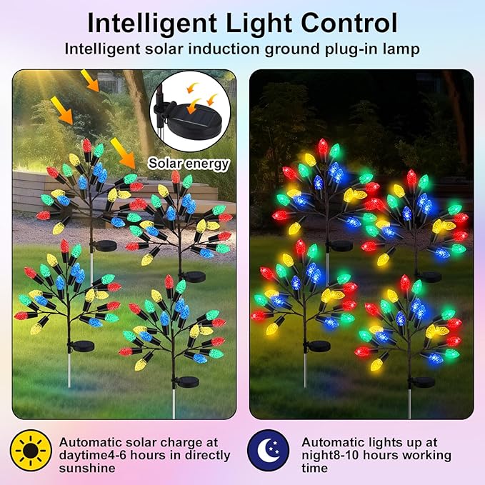 2 Pcs Christmas Solar Pathway Lights Outdoor Decorations 28 Christmas Stake Lamp Yard Waterproof 8 Modes 20 LED Pine Cones Tree for Walkway Path Garden Patio Decor