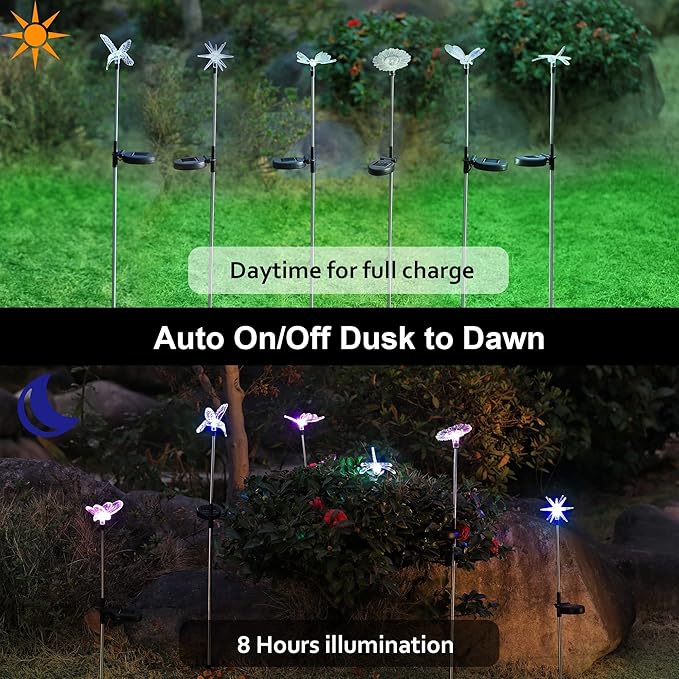 Glintoper 6 Pack Solar Garden Stake Lights Outdoor Solar Butterfly Figurine Lights Multi-Color Changing LED Landscape Lighting Sparkling Star Flower Hummingbird Dragonfly Bee for Patio Yard Pathway