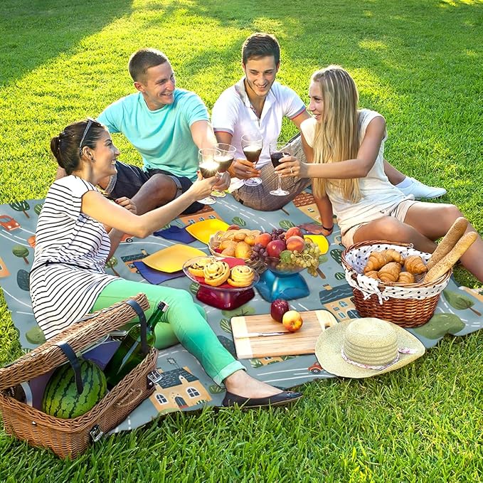 Waterproof Sandproof Beach Blanket 59''×68'' Landscape Polyester Outdoor Picnic Blanket with 4 Stakes &amp Storage Bag for BeachCampingVacation Map