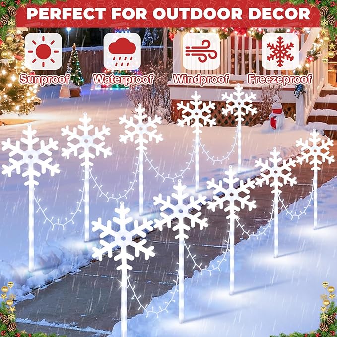 Christmas Snowflake Pathway Lights Outdoor 10 Pack Waterproof Snowflake Light 8 Lighting Modes Xmas Walkway Marker Lights LED Stake Sidewalk Light for Christmas Decorations Outdoor Garden Patio Yard