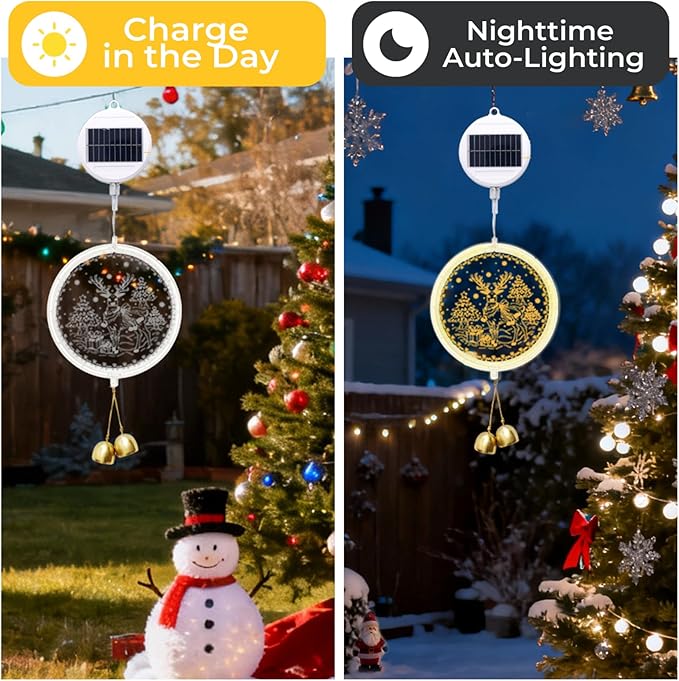 Solar Reindeer Light - Outdoor/Indoor Christmas Decoration with Carved Design Auto On/Off USB Backup for Window Garden Patio