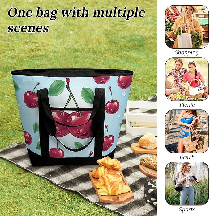 Insulated Shopping BagLarge Reusable Cooler Bags Cherry Printed Foldable Shopping BagTravel Waterproof Shoulder Bag